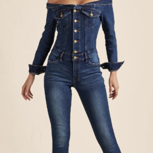 Off-the Shoulder denim jumpsuit - Picture 1 of 3